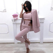 Load image into Gallery viewer, MVGIRLRU Office Ladies Solid 3 Pieces Set Buttonless Slim Blazer CamisTops and Pant Women Pants Suits