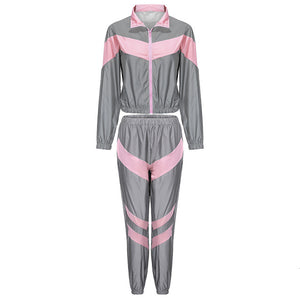Women Tracksuits 2 Piece Set Reflective Zip Crop Top Pants Windbreaker Fashion Female Loose Glow Jacket Coat Trousers Plus Size