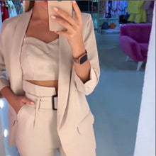 Load image into Gallery viewer, MVGIRLRU Office Ladies Solid 3 Pieces Set Buttonless Slim Blazer CamisTops and Pant Women Pants Suits