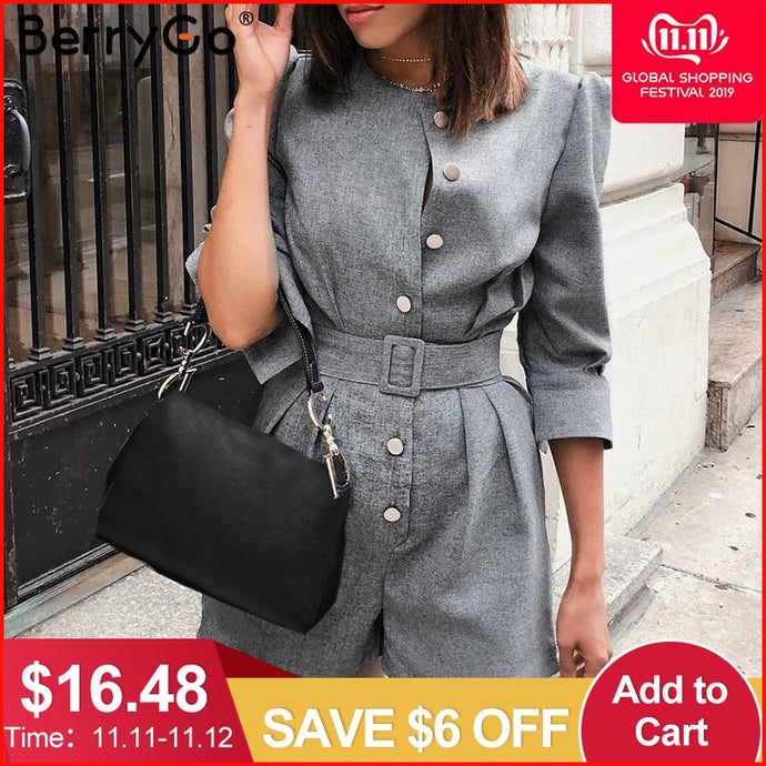 BerryGo Button blazer winter jumpsuit women overalls Office ladies jumpsuits rompers Female short one piece autumn work playsuit