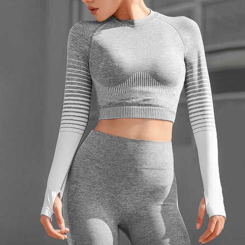 Seamless Yoga Set  Grey Workout Sets Fitness Sports Long Sleeve Crop Top Yoga Leggings  Sport Suit Tracksuit Gym Jogging Clothes