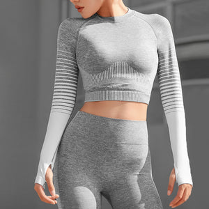 Seamless Yoga Set  Grey Workout Sets Fitness Sports Long Sleeve Crop Top Yoga Leggings  Sport Suit Tracksuit Gym Jogging Clothes
