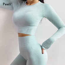 Load image into Gallery viewer, Peeli Ribbed Seamless Yoga Set Sport Suit Workout Clothes for Women Long Sleeve Gym Crop Top High Waist Leggings Fitness Set