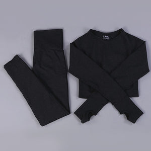 Women 2pcs Seamless Yoga Set Sport Suit Gymwear Workout Clothes Long Sleeve Gym Crop Top High Waist Leggings Fitness Sports Wear