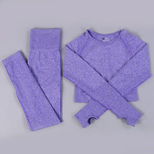 Women 2pcs Seamless Yoga Set Sport Suit Gymwear Workout Clothes Long Sleeve Gym Crop Top High Waist Leggings Fitness Sports Wear