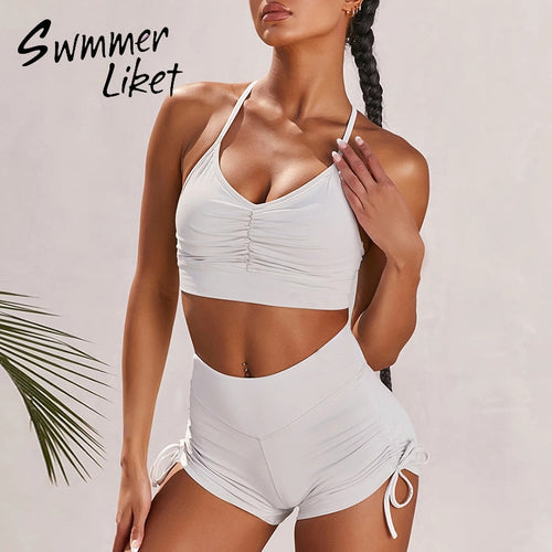 Short sleeves yoga set High Waist Shorts Sportswear Knot two piece suit female Vital Seamless Sport Suit Gym Clothes Folds Set
