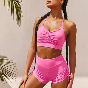 Short sleeves yoga set High Waist Shorts Sportswear Knot two piece suit female Vital Seamless Sport Suit Gym Clothes Folds Set
