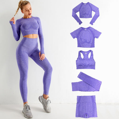 5pcs Women Vital Seamless Yoga Set Workout Sport Wear Gym Clothes Short / Long Sleeve Crop Top High Waist Sports Leggings Suit