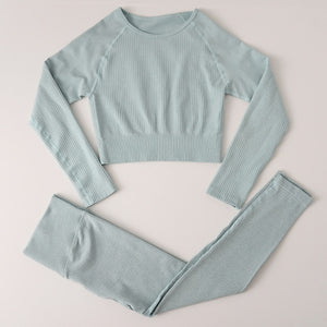 Peeli Ribbed Seamless Yoga Set Sport Suit Workout Clothes for Women Long Sleeve Gym Crop Top High Waist Leggings Fitness Set