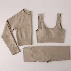 Peeli Ribbed Seamless Yoga Set Sport Suit Workout Clothes for Women Long Sleeve Gym Crop Top High Waist Leggings Fitness Set