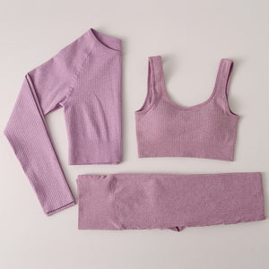 Peeli Ribbed Seamless Yoga Set Sport Suit Workout Clothes for Women Long Sleeve Gym Crop Top High Waist Leggings Fitness Set