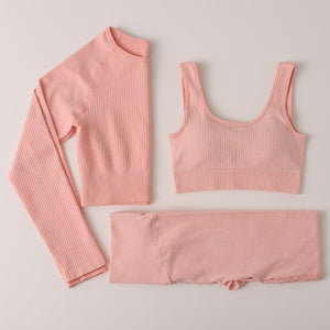 Peeli Ribbed Seamless Yoga Set Sport Suit Workout Clothes for Women Long Sleeve Gym Crop Top High Waist Leggings Fitness Set