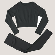 Load image into Gallery viewer, Peeli Ribbed Seamless Yoga Set Sport Suit Workout Clothes for Women Long Sleeve Gym Crop Top High Waist Leggings Fitness Set