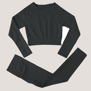 Peeli Ribbed Seamless Yoga Set Sport Suit Workout Clothes for Women Long Sleeve Gym Crop Top High Waist Leggings Fitness Set